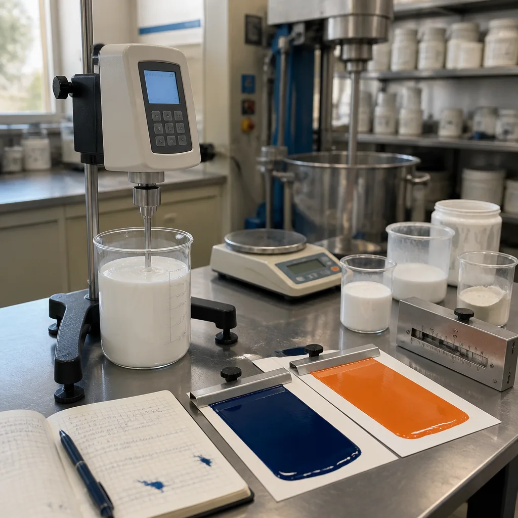 Bancada do laboratório de formulação: viscosímetro medindo tinta branca, balança de precisão e cartões de teste de cobertura em azul e laranja